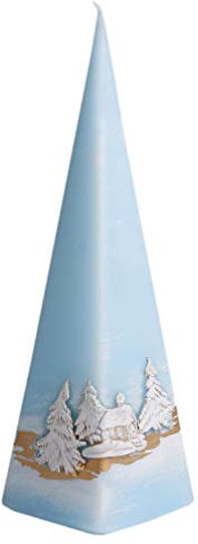 RAK Kerze Deko Pyramidenform eisblau Snow 230 mm Relief Winterlandschaft (Rückseite ohne Deko) Unparfümiert