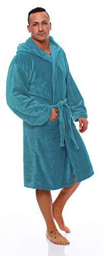 L.E.M.B. Hometrends Herren Damen Bademantel Kingston Microfaser Morgenmantel mit Kapuze petrol L