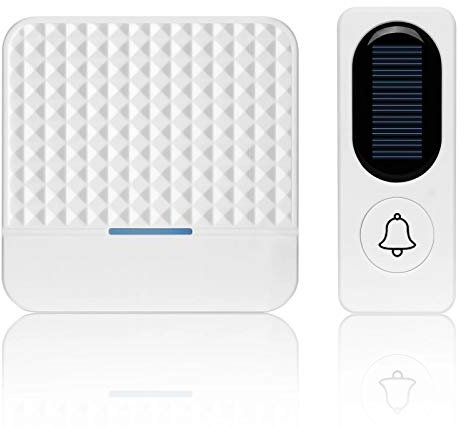 Kit de sonnette sans fil, charge solaire avec sonnette légère carillons de sonnette de sécurité à domicile IP65 étanche, sonnette extérieure + carillon intérieur,Blanc