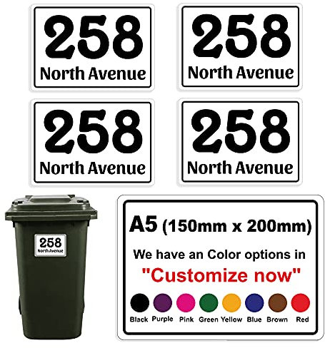 4 x Personalised Custom Multi Color Wheelie Bin Number Stickers with Waterproof with House Number & Street Name (4 Decals-210 x 148 mm) PBN01 Stickers Limited