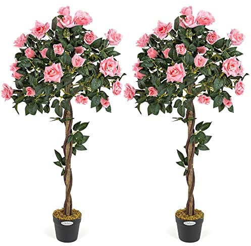 Christow 2 Artificial Rose Trees Pink Flowers Twisted Trunk Potted Indoor Outdoor 4ft (Pair)