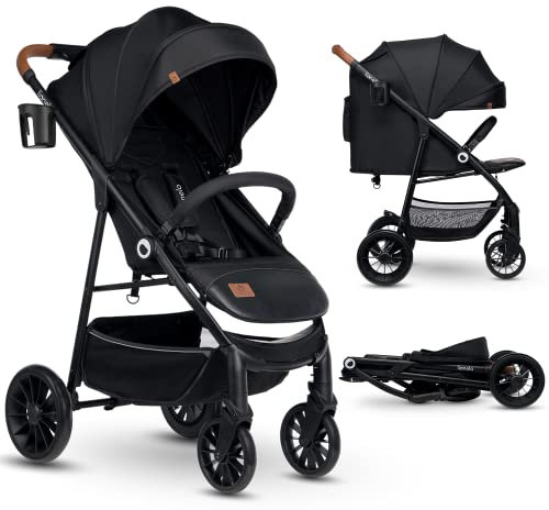 LIONELO Zoey Kinderwagen Buggy bis zu 15 kg, XXL-Verdeck mit Sonnenschutz, Liegeposition, Fußstützenverstellung, EVA Schaumstoffräder, Moskitonetz, zusammenklappbar Schwarz