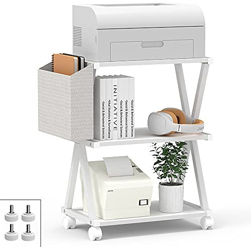 VEDECASA 3 Tier Printer Stand with Storage Basket and Wheels Wooden Table Top Printer Holder Sofa End Table for Home Office Modern Under Desk Table Side Stand (White)