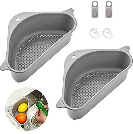 Koomuao 2pièces Porte Évier Triangle, Paniers de Vidange d'évier avec Ventouse Multifonctionnel Égouttoirs d’évier pour Cuisine Salle De Bain (Gris)