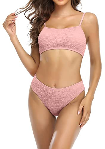 SHEKINI Damen Bikini-Set Bademode Sportlich Weste Plissee Bikinioberteil Rückenfrei Verstellbarer Zweiteiliger Badeanzug für Frauen Niedrige Taille Bikinihose Badeanzüge (L, Rosa)