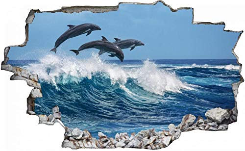 Wandtattoo Wandsticker Wandaufkleber 3D-Effekt Durchbruch Delfine Meer Welle Delfin für Babyzimmer Kinderzimmer 53x80cm