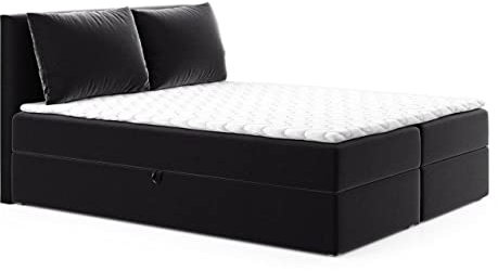 Boxspringbett Egro mit 2 Bettkästen und Zwei große Kissen - Doppelbett mit Bonell-Matratze und Topper, Polsterbett, Bett, Bettgestell Schlafzimmer (Schwarz (Kronos 07), 180 x 200 cm)