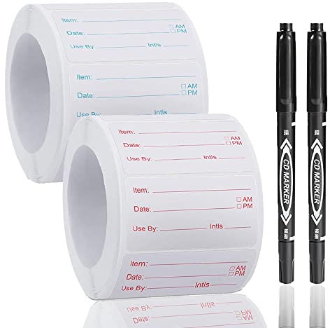 Food Storage Labels Stickers, 1000Pcs Food Prep Canning Labels Sticker Removable Freezer Self-Adhesive Dissolvable Date Label with 2 Black Marker Pen