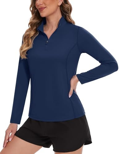 TACVASEN Women's Gym Tops Quick Dry Breathable Tops Long Sleeve UPF 50+ Sport T-Shirt Lightweight Comfortable (L, Navy)
