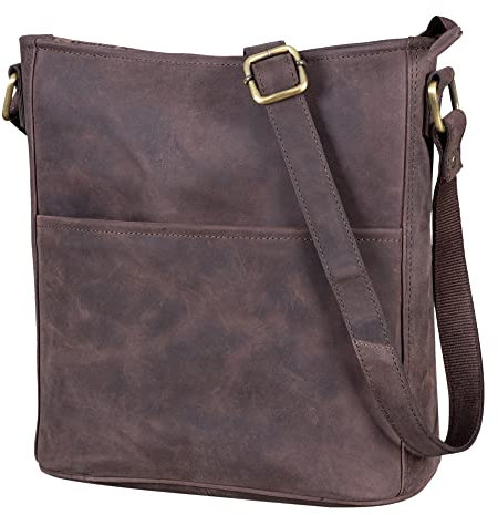 LEABAGS Leder Handtasche Damen I Premium Echtleder Umhängetasche I Damen Schultertasche I Damentasche I Tragetasche für Arbeit Uni Schule Freizeit I Größe L (31 x 23 x 6 cm) I Nature Dunkelbraun