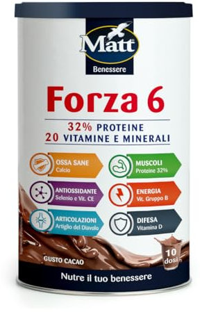 Matt, Forza 6 Advance, Integratore Alimentare in Polvere a Base di Proteine e 20 Vitamine e Minerali, Contribuisce alla Crescita della Massa Muscolare, 280g