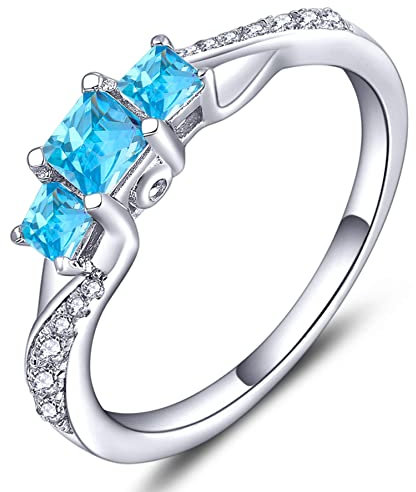 YL Verlobungsring 925 Sterling Silber Prinzessin geschnitten März Geburtsstein Aquamarinblau 3 Stein Ehering für Damen Braut(Größe 58)
