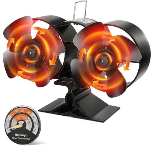 Hanaoyo Wood Stove Fan with Double Motors, 12 Blades Wood Stove Fan Heat Powered, Fireplace Fan with Magnetic Thermometer, Wood Stove Accessories Non Electric Fan for Wood/Gas/Log Burner Stove