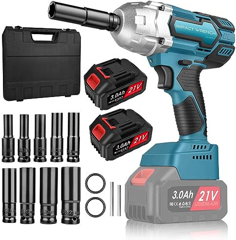 SHAVINGFUN Pistola de Impacto Bateria,Atornillador de Impacto,sin Escobillas llave dinamometrica 1/2 Máximo 650 Nm,3300 RPM,batería de litio 2x3.0Ah con 9 taladros,para coche y hogar llave de impacto