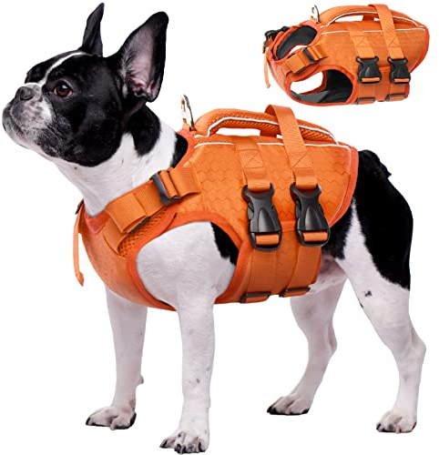 Kuoser S Hundeschwimmwesten für kleine, mittelgroße und große Hunde, verstellbare Warnjacke mit Rettungsgriff, Ripstop-Schwimmweste, Haustier-Lebensretter, Welpen-Badeanzüge, Schwimmbad, Orange