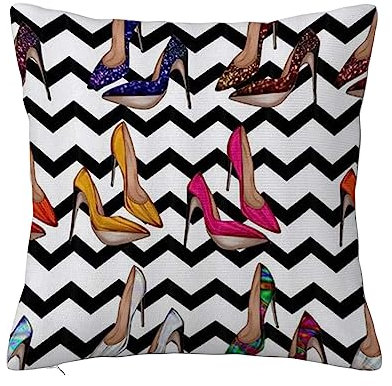ERICAT Überwurf Kissen Fall Quadratisch Kissenbezug,High Heel Schuhe Girly Weiß und Schwarz Chevron Wave Stripes,Home Dekorative Sofa Sessel Schlafzimmer Wohnzimmer 45x 45cm