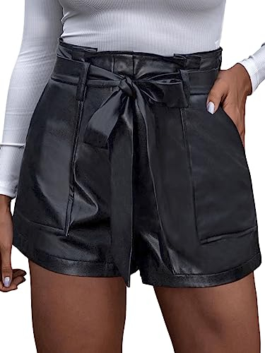 GORGLITTER Damen PU Leder Shorts Hohe Taille PU Lederoptik Kurze Hose Kunstlederhose Nachtclub Hotpants mit Gürtel Schwarz M
