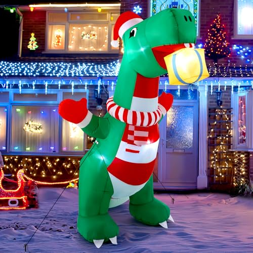 Aceshop 8 FT Christmas Inflatable Decoration Dinosaur,Christmas Outdoor Inflatable Decoration Built-in LED Light Blow Up Inflatables for Xmas with Christmas Hat Gift Box Xmas Gift for Yard Garden Lawn