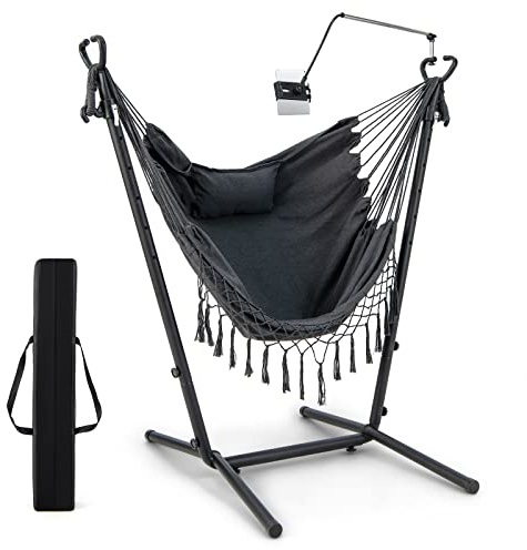 GOPLUS Chaise Suspendue avec Structure en Métal et Siège en Couton, Fauteuil Suspendu à Hauteur Réglable avec Support pour Téléphone Portable, Hamac avec Cadre, pour Jardin, Terrasse, Chambre (Gris)