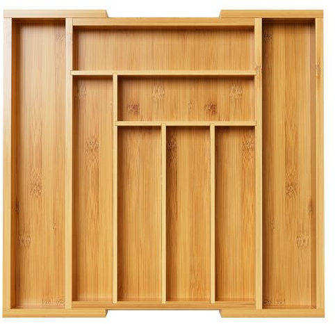 Pipishell Bamboo Cutlery Drawer Organiser - Expandable Cutlery Tray for Kitchen, Adjustable Utensil Organiser for Silverware, Flatware, Knives