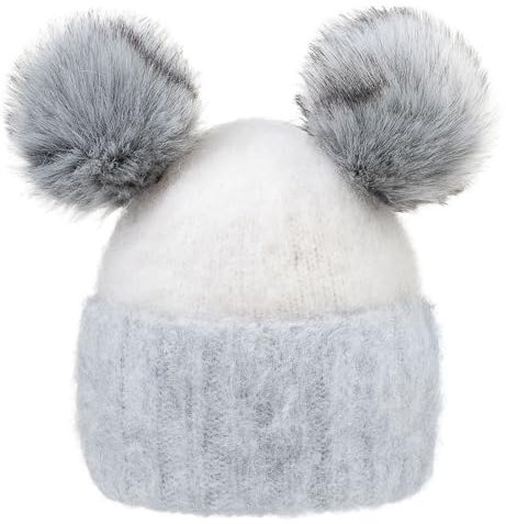 MFAZ Morefaz Ltd Bonnet d'hiver tricoté épais avec double pompon en fausse fourrure pour femme, Rose poudré - Gris clair, taille unique
