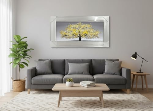 Biznest Blossom Tree Picture 3D Glitter Liquid Art Mirrored Frame Wall Art 85x45cm (Yellow)