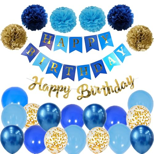 Ohighing Happy Birthday Blau Gold Geburtstag Party Deko Set Geburtstag Girlande Luftballons Blau Gold Ballons 6 Pompoms Geburtstagsdeko Män