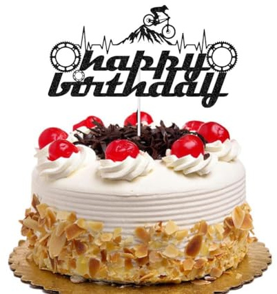 Mountain Biking Happy Birthday Cake Topper, Bicycle Birthday Cake Toppers, BMX Bike Themed Bday Party Decorations, Black Glitter