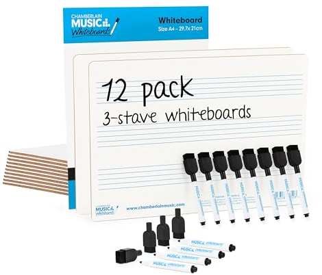 A4 Mini Dry-Wipe Music whiteboard with 3 pre-Printed Staves - 12 Pack