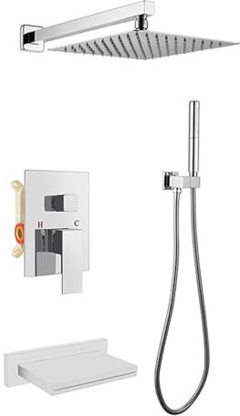 XJTNLB Set Doccia con Soffione e Doccetta Maniglia Unica 10 in Set Doccia Incasso Cascata Soffione Doccia con Tubo Doccia Flessibile 1.5 Caldo o Freddo,Cromo