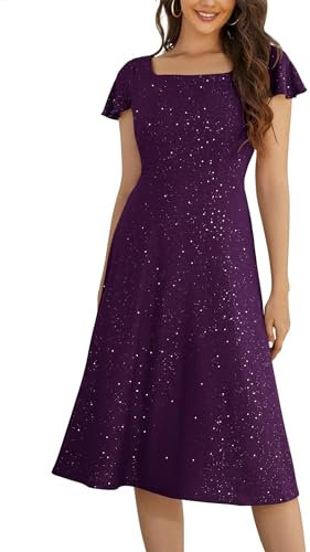 Berylove Robe de Cocktail - Col Carré Festive et de Soirée Longue à Paillettes - avec Manches pour Invité de Mariage