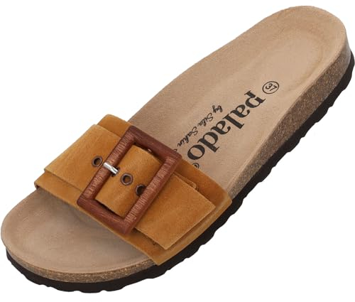 Palado Pantoletten Damen Malta Wood by Sila Sahin - bequeme Sandalen Made in Spain - Hausschuhe mit Kork-Fußbett - modische Sommerschuhe Braun UK8 - EU41