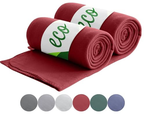 wometo 2er Set Eco Fleecedecken aus 100% recyceltem Material + OekoTex und GRS Zertifiziert 130x160 cm ca. 400 g - dunkelrot mit Anti-Pilling und Kettelrand