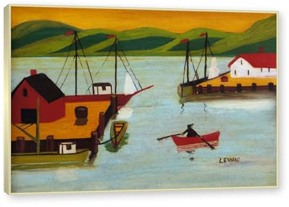 Champagnergoldrahmen-Maud Lewis Kunstdruck, Berühmte Kunst Bild, Kunstdruck auf Leinwand Landschaft Gemälde für Wohnzimmer, „Hafen“, Reproduktion Druck auf Leinwand 20x28cm