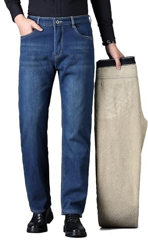 ziilay Jean thermique épais en polaire d'agneau pour homme - Pantalon de neige - Pantalon d'hiver doublé en polaire - Stretch, Bleu rétro., 32W / 34L
