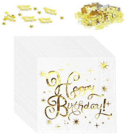 40 Pièces Serviette Papier, Serviettes de Table Happy Birthday Blanc Or Tissu Vaisselle Jetable Joyeux Anniversaire pour Anniversaires Décoration Fille Garçons Fête D'anniversaire Deco Parties