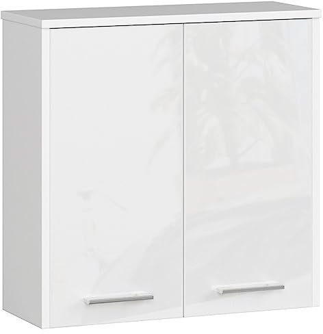3E 3xE living.com Freistehender Badezimmerschrank: Zwei Türen, Zwei Einlegeböden, Farbe: weiß | weiß glänzend, A: B: 60 cm, H: 60 cm, T: 22,5 cm.