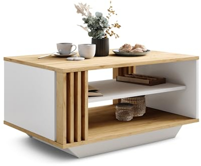 Viosimc Couchtisch, Wohnzimmertisch mit modernen Lamellen, moderner und stilvoller rechteckiger Kaffeetisch mit Ablage, stilvolle Ergänzung für jedes Wohnzimmer – Craft Eiche & Weiß