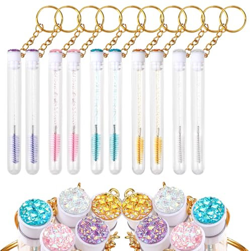 Ptwola Lot de 20 pinceaux jetables pour mascara à cils - Tubes à strass - Avec récipient vide réutilisable - Porte-clés - Applicateur de sourcils - Kit d'outils de maquillage pour extensions de cils