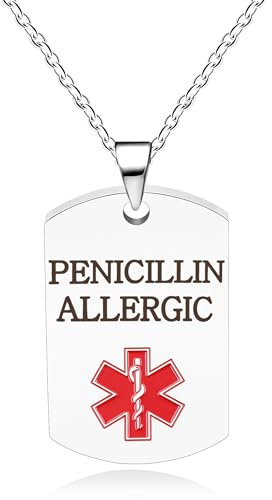 Vivaday Collar de Alerta Médica para Alergia a la Penicilina | Collar de Emergencia con Placa Blanca | Etiqueta de Símbolo Médico Rojo para Alergias | Joyería de Salud Personalizada Acero Inoxidable