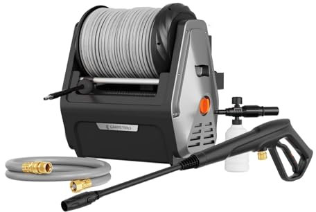Giraffe Tools Rondella ad alta pressione a parete, 1800 Watt, max 2400 PSI, 2.0 GPM, idropulitrice elettrica ad acqua, con tubo retrattile da 30 m, per auto, terrazza, nero, tubo morbido grigio