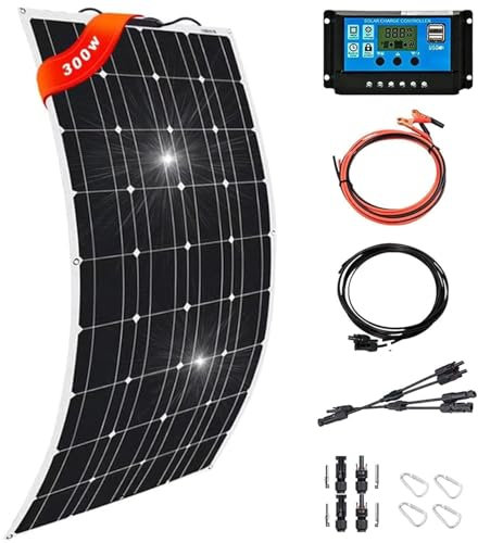 300w 600w 1200w Panel Solar Flexible 18V Módulo Solar Fotovoltaico Monocristalino Ultra Ligero Impermeable Cargador Solar para Autocaravana, Techo, Caravana, Barco y Superficies Desparejas,1x300W