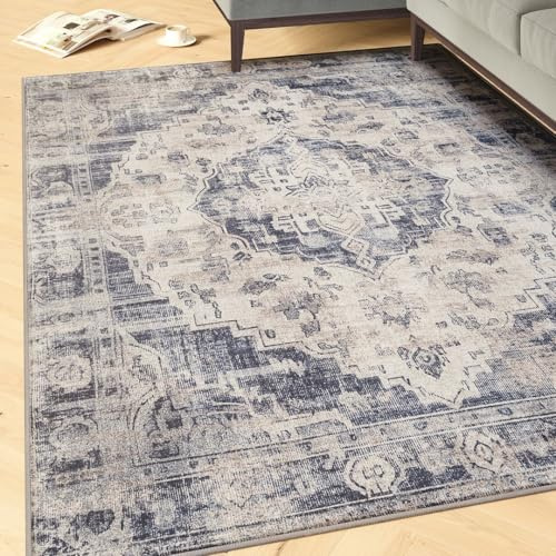 Machine Washable Traditional Distressed Blue Cotton Large Rugs Medallion Stain Resistant Liquid Repellent Living Area Bedroom Rug 240cm x 330cm (7ft 10 x 10ft 10)