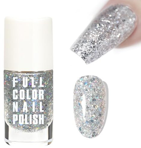Glitter Nail Polish, Silver Nail Polish, Shimmer Sparkly Nail Glitter, Diamond Shiny French Long Lasting Quick Dry Holographic No UV Needed Nail Varnish, Nail Art Manicure for Women DIY Nail Art