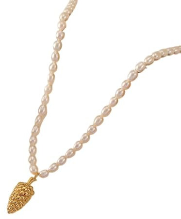 AMDXD Halskette Damen Jugendstil, Vintage Handgefertigt Anhänger Halskette Bead-Kette, Damen Vergoldet Edelstahl Halsketten Damen mit Ovalschliff Perle, Gold Weiß, 43CM