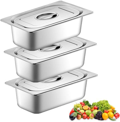 Panierschalen Set 3-Teilig, 32,5 x 17,5 x 6,5 cm Edelstahl GN 1/3 Behälter, Gastronormbehälter Edelstahl mit Deckel, Metall Panierstrasse Rechteckig, Panierset für Koteletts, Schnitzel, Fleisch, Fisch