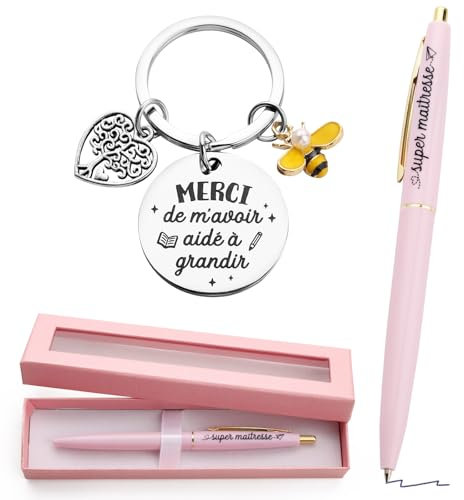 BOFUNX Porte clé+Stylo Bille Retractable avec Boîte Cadeau de Keychain Merci de m`avoir aidé à Grandir Super Maîtresse Cadeau pour Maîtresse