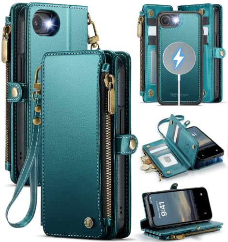 Defencase Schutzhülle für iPhone 17e/16e, kompatibel mit Magsafe, Blau | Fallsichere, magnetische, abnehmbare Handyhülle, mit RFID-Kartenhalter, Reißverschluss, PU-Leder, abnehmbare Brieftasche
