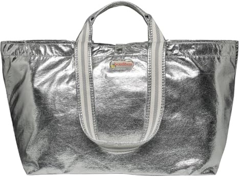 brasibrasi half&glitter Shopper Handtasche, Glitzer-Streifen Design, 40/60 x 30 x 25 cm, Silber, 100% Polyester, Pink Innenfutter, Reißverschluss, Kurze und Lange Henkel, Pinkes Innenfutter
