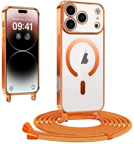 XCuihulle Handykette für iPhone 17 Pro Klare Hülle mit Band,Magnetische Transparent Handyhülle mit Kette Abnehmbar Einstellbar Kordel zum Umhängen Dünn Silikon TPU Stoßfest Schutzhülle-Orange